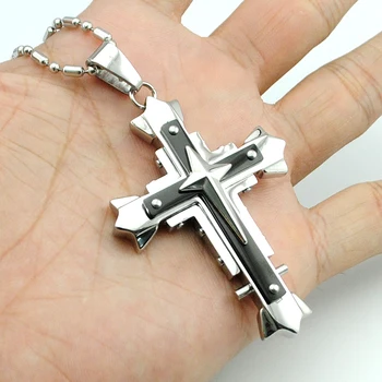 AMUMIU Om Crucifix Colier 60cm Lanțuri cu Stras Strat Dublu Cross Pandantive din Oțel Inoxidabil Moda Noua Pentru Barbati HZP191