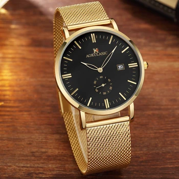 AOKULASIC 2018 Top de Lux de Brand Nou Stil de Moda Ultra Subțire din Oțel Inoxidabil Plasă Watchband Impermeabil Cuarț Mens Watch