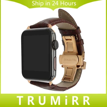 Autentic Curea din Piele de Vițel pentru iWatch Apple Watch 38mm 42mm Seria 3 2 1 Watchband Fluture Catarama Curea Bandă Negru Aur Argint