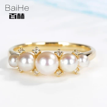 BAIHE Solid 14K Aur Galben 5mm*1 Certificat tăiat Rotund Autentic Perle Naturale de Logodna pentru Femei la Modă de Bijuterii Fine Inel cadou