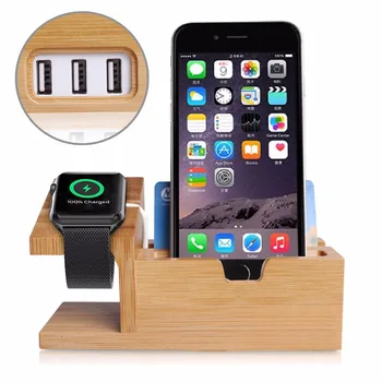 Bambus Lemn Titularul Stație de Încărcare Birou Card de Caz Suport Încărcător 3 Porturi USB HUB pentru iPhone 7 6s 5s Plus 38mm Apple Watch 42mm