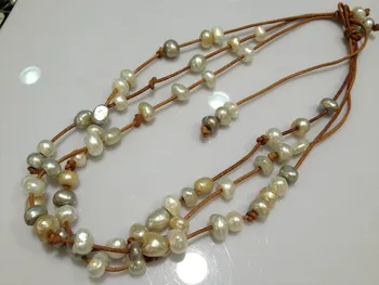 Baroc De Apă Dulce Colier De Perle Cu Piele Multistrat Maro Pentru Femei Casual Alb Multicolor Perle Naturale