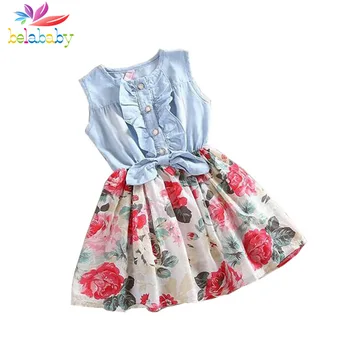Belababy Baby Girl Dress 2018 Vara Copii Denim Fără Mâneci Florale Rochii Cu Buton De Copii Princess Rochii De Vara Pentru Fete