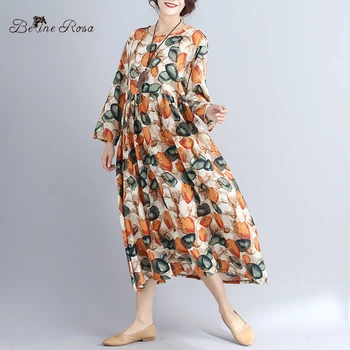 BelineRosa Toamna Femei Rochii Stil Mare Dimensiunea de Îmbrăcăminte pentru Femei Talie Mare Libertate de Imprimare Lenjerie de pat din Bumbac Rochie BSDM0075
