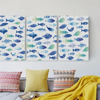Bianche Peretele Nordic Minimalist Stil Albastru Și Verde Pește Mic A4 Pictura Panza Printuri Acasă Decorare Dormitor Murală