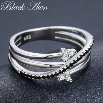 [BLACK DAWN] Hiperbola 3g Argint 925 Bijuterii Fine Bague Rând Spinel Negru Frunze Inel de Nunta pentru Femei G005