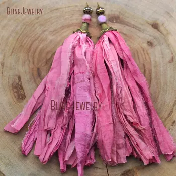 Boho Chic Bronz Antic Capac Cerise Pink Sari de Mătase Tassel Pandantiv cu Roz Mat Agate Druzy Șirag de mărgele Accent PM9044