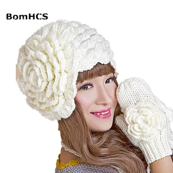 BomHCS Cald Iarna Căciulă & Mănuși Costum lucrat Manual Tricot Croșetat Pălărie Capace de mână cu o Floare Mare (prețul pentru caciula sau manusi)