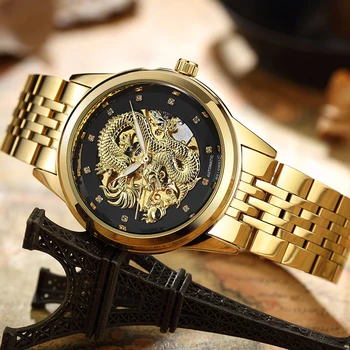 Brand de lux Dragon Schelet Automate Mecanice Ceasuri Barbati Ceas de mână din Oțel Inoxidabil Negru Ceas de Aur Impermeabil Bărbați relogio