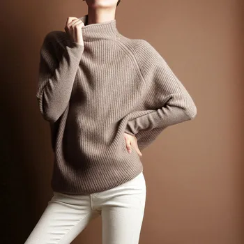 Cașmir, lână tricot gros de moda pentru femei pulover pulover jumătate batwing maneca-guler ridicat-bej bordo 16colors S/M/L