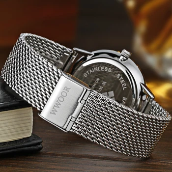 Ceasuri barbati Brand WWOOR Cuarț Ceas pentru Bărbați Argint Plasă de Oțel Curea Casual Sport Încheietura ceas ultra Data Ceas Masculin rezistent la apa