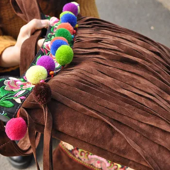 Cel mai bun de vânzare Etnice Catifea brodat ciucure pentru femei genti Vintage handmade multicolor pompon de călătorie umăr saci de messenger