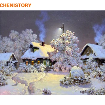 CHENISTORY Fara rama Zăpadă Casa de BRICOLAJ, Pictura pe Numere Peisaj de Perete de Artă Pictate manual, Pictura in Ulei Pentru Decor Acasă Arte