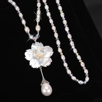 Coajă Elegant Coliere De Perle Handmade Floare Picătură De Apă Pandantiv Lung Lanț Pulover Colier Ciucure Margele De Cristal Lanț De Bijuterii