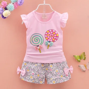 Copil nou-născut Fete Haine de Vară Lollipop cu Mânecă Scurtă T-shirt, Blaturi + Floral pantaloni Scurți de Îmbrăcăminte pentru Sugari, Copii Bebes Costume de Jogging