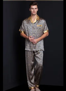 De sex masculin de viermi de mătase cămașă de mătase pantaloni de imprimare rever grele de mătase pijama lejeră potrivi plus dimensiune