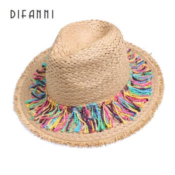[DIFANNI] Femei de Vara Rafie Pălării de Paie Doamnelor Elegante Plajă, Pălării de Soare Margine Largă Protecție UV Casquette colorat Cu Ciucure