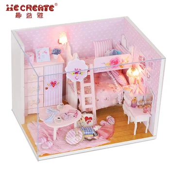 DIY Casa Papusa in Miniatura Dormitor casă de Păpuși, cu Capac de Praf Mobila Fata de Păpuși Jucarii pentru Copii cel Mai bun Fata Cadou