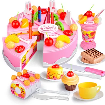 DIY Fericit ziua de naștere tort alimente de tăiere set mini alimente fals in miniatura jucărie pentru fete, joc din plastic de bucatarie de joaca pentru Copii pretinde joc
