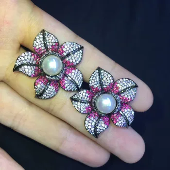 Drăguț naturale de apă dulce pearl cercei stud floare argint 925 cu zircon cubic de culoare roz moda bijuterii femei