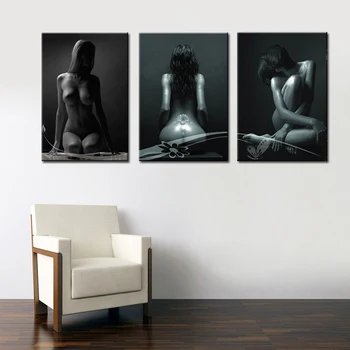 Fara rama 3 Panouri Fundal Negru pentru Femei Sexy Nud Poze Panza de Imprimare Moderne de Arta de Perete pentru Dormitor Decor