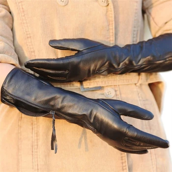 Femei din Piele Mănuși de sex Feminin de Toamna Iarna din piele de Oaie Neagră Mănuși cu Fermoar Lung Stil Cinci Degete Subțiri Catifea L031NQ