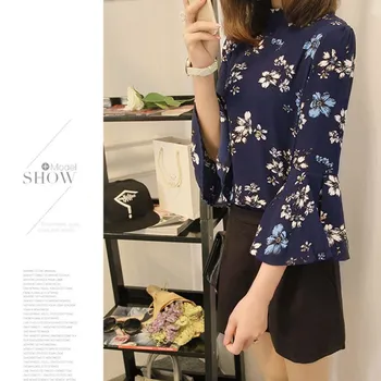Femei Florale Șifon Bluza Flare Sleeve Shirt Doamnelor Office Cu Maneca Lunga Designer