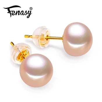 FENASY Aur de 18K cercei Bijuterii perla ,Perla roz romantic 18k aur galben cercei stud pentru femei nunta cercei pentru dragoste