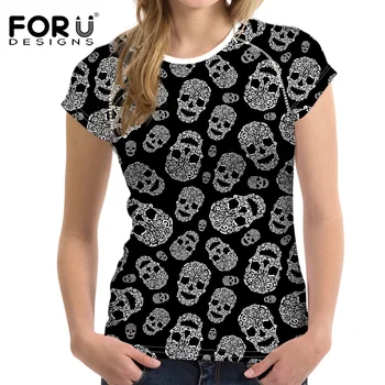 FORUDESIGNS Femei Tricouri Metallica Printuri de Craniu Heavy Metal, Rock, Hip-Hop Stil T-shirt Îmbrăcăminte Negru Scurte T shirt Harajuku