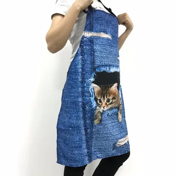 FORUDESIGNS Moda Animale Denim Cat de Imprimare Șorț Noutate Amuzant Sorturi pentru Femei Kawaii Bărbați Bucătărie Petrecere BBQ Apron