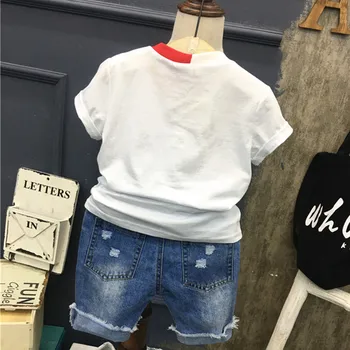 GEMTOT 2017 Haine pentru Copii Îmbrăcăminte tricou + Blugi 2 Buc Moda Scrisoare Mâneci Scurte Tricou Topuri Gaura Denim Pantaloni Set