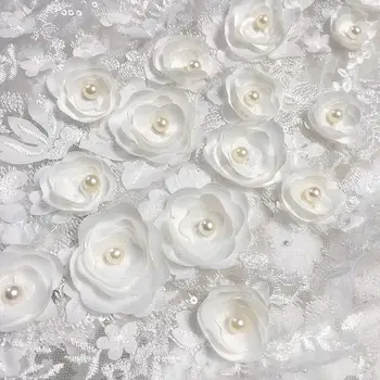 Grele brodate tesatura dantela cu flori 3D, tul tesatura dantela cu broderie florala, de culoare alb 3d flori dantelă tesatura