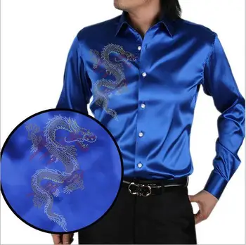 Gri dragon chinezesc de imprimare bărbați cămașă de mătase casual barbati maneca lunga de vara rochie de mireasa tricou tricou de petrecere