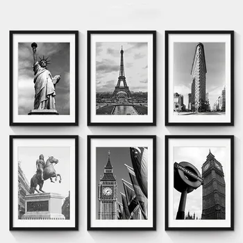 HAOCHU Retro, Negru și Alb Arhitecturală Turnul Eiffel, Statuia Libertății Pictura Decor Simplu și Modern de Fundal Postere