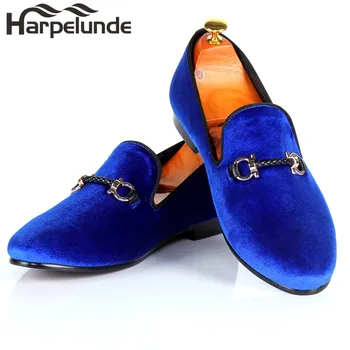 Harpelunde Bărbați Curea Cataramă Pantofi Rochie De Catifea Albastră Plat Mocasini Dimensiune 6-14