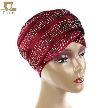 Ieftin 2 buc Nou Elegant Diamante Catifea Nigeria Turban Cap Lung Împachetări Femei de Lux Hijab Cap Eșarfă Doamna Bentita Turbante