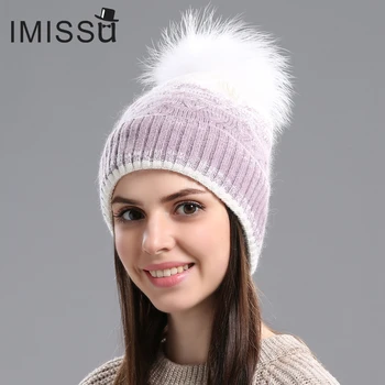 IMISSU Pălării de Iarnă pentru Femei Tricotate din Lână Capac Beanie Cu Real Blană de Raton de sex Feminin Casual în aer liber Cald Gros Chelioși Pentru Fete