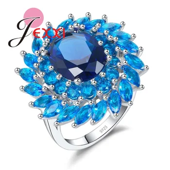 JEXXI de Lux Cristal Albastru de Floarea-soarelui Femei Deget Inelul Micro Inlay Integral Zirconiu Albastru Nunta Bijuterii de Mireasă Real Inel de Argint 925