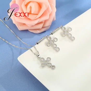 JEXXI New Sosire Argint 925 Spumante Cruce în Formă de Seturi de Bijuterii Cercei/Colier Femei Mireasa Nunta Bijuterii Fine