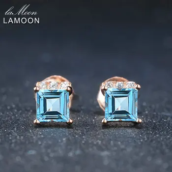 LAMOON Stil Simplu 4mm Natural Pătrat Albastru Topaz 925 sterling silver-bijuterii Stud Cercel S925 LMEI046