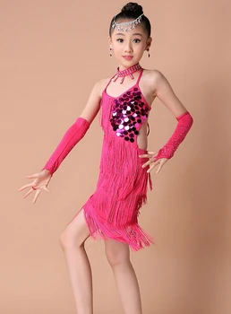 Livrare gratuita 100-160cm rumba, latino rochie de dans tango, samba ciucuri rosu roz verde concurenței profesionale copil fată costum