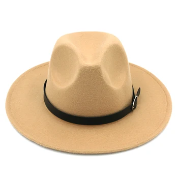 LUCKYLIANJI Culoare Solidă Bărbați Femei Lână Simțit Panama Pălărie Fedora Capace Bandă de Piele (Una Dimensiuni:58cm-NE 7 1/4)