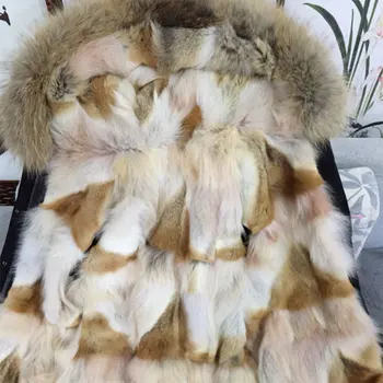 Lung stil Lux real blană de vulpe pentru femei hanorac strat de caise alb comune căptușeală de iarnă haină neagră