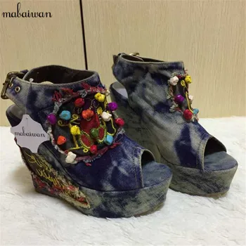 Mabaiwan Nou Designer De Vară Pană De Pantofi De Femeie Broderie Flori De Piatră Tocuri Peep Toe Sandale Denim Platforma Pompe Pene