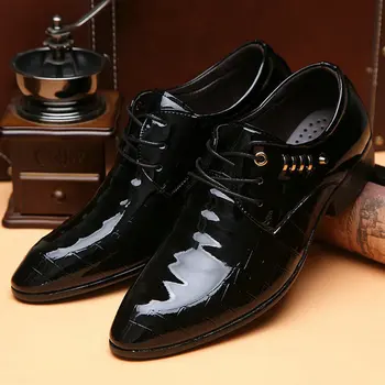 Mai ieftin de Lucru rochie pantofi barbati din piele de brevet Oxfords de afaceri de nunta negru pantofi dantela-up Subliniat toe din piele pu apartamente AB-25
