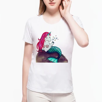 Mai nou Curcubeu Sirena Balena Unicorn T-shirt de Imprimare Vara Kawaii Noi, Amuzante Top Tee Harajuku Creative Feminin Alb T-shirt L6A16