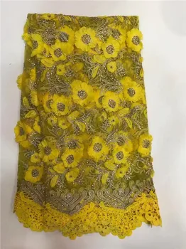 Mai nou design francez net dantela tesatura de culoare de aur din africa tul ochiurilor de plasă tesatura dantela cu pietre si margele pentru rochie Alb-roz