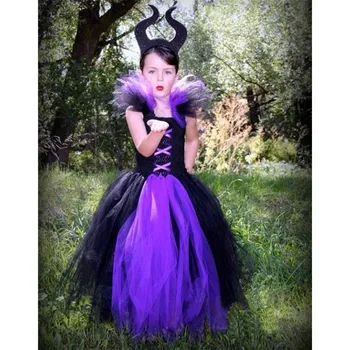 Maleficent Regina Rău Rochie Tutu cu Coarne Fete Rochie Tutu Petrecere de Halloween Purim Cosplay Copii Costum Fotografie Recuzită TS127