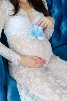 Maternitate Rochii Pentru Sedinta Foto De Vară Adânc V-Gât Rochie Alba Cu Maneci Lungi Din Dantela Final Rochie Sexy Rochii Gravide