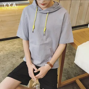 Mens Câmpii Lenjerie Pierde In Scurt Maneca Topuri Casual cu Glugă Pulover T-shirt de Vară de Moda Stil coreean Topuri Tricouri Îmbrăcăminte